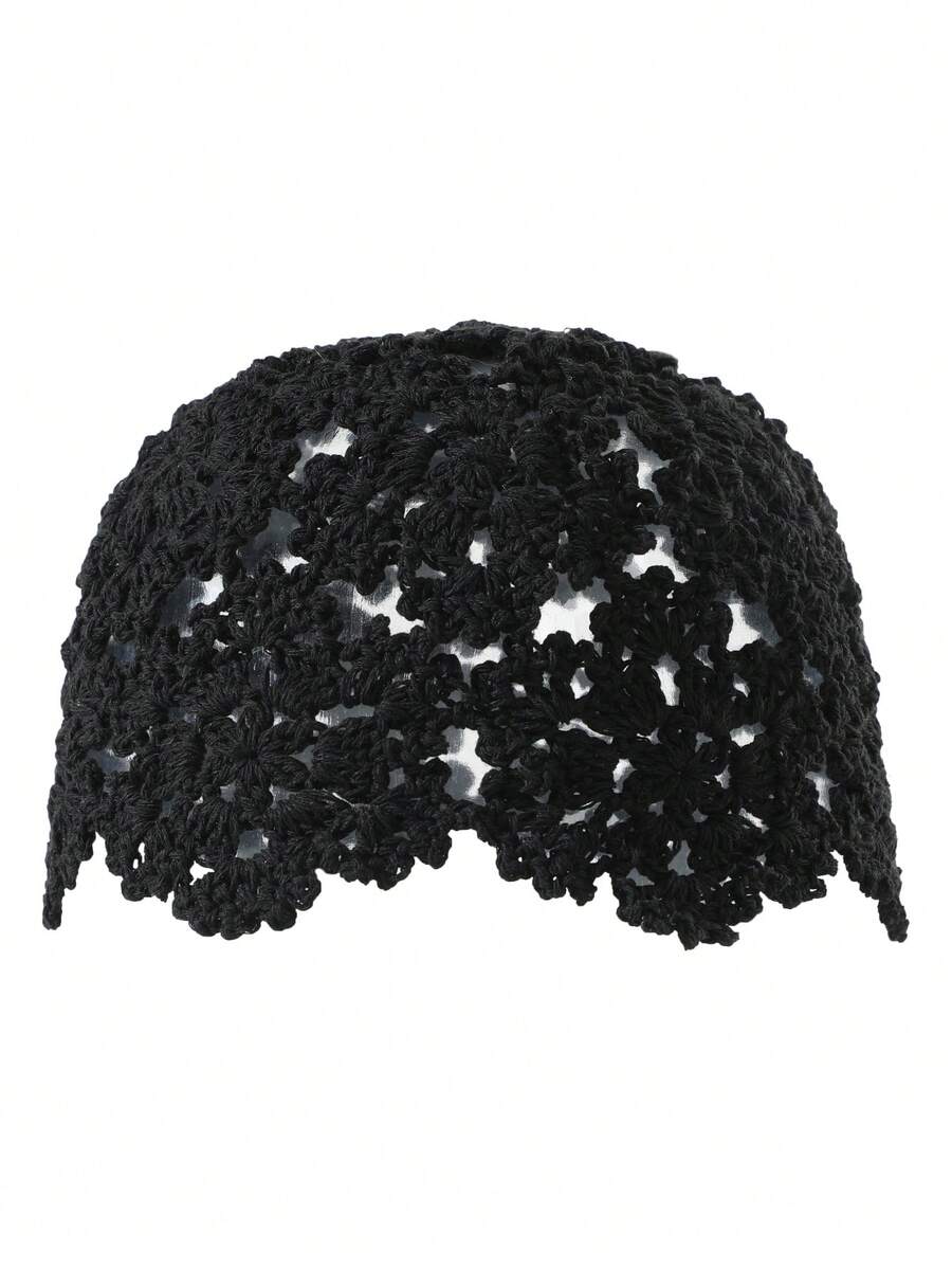 1 Pc Floral Crochet Hollow Out Boho Cotton Knit Headscarf Hat Summer Beach Breathable Thin Skull Cap Y2K Hippie Hair Accessory - Stylish Cutout Head Covering - View 1