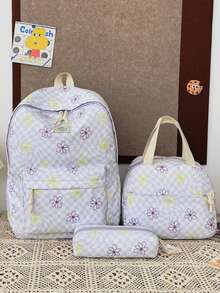 1 Set Back To School Backpack Set - Checkerboard/Floral Pattern Large Capacity Backpack + Lunch Bag + Pencil Case Multi-Piece Set, With Laptop Compartment, Durable Nylon Backpack, Adjustable Shoulder Straps, Lightweight Portable Zipper Bag, Suitable For Students/Teenagers/Graduates, Perfect For Outdoor/Travel/Middle School/High School/College, College Essential Backpack - Multicolor - View 12
