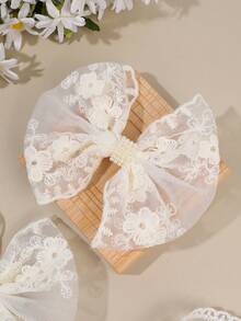 2pcs Beige Hair Bows For Young Girls Floral Lace Pearl Beaded Decor Alligator Clips Elegant Wedding Daily Hairclips Teens Hair Accessories - Beige - View 5