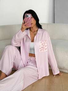 Nina Bonheur Bộ đồ ngủ nữ 2 món/set áo dài tay dáng rộng thoải mái thoáng khí + quần dài dễ thương - Hồng - Xem 1
