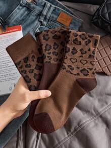 3 Pairs Women's New Leopard Print Maillard Coffee Color Series Comfortable Breathable Soft Casual All-Season Short Socks Mid-Calf Socks - Multicolor - View 9