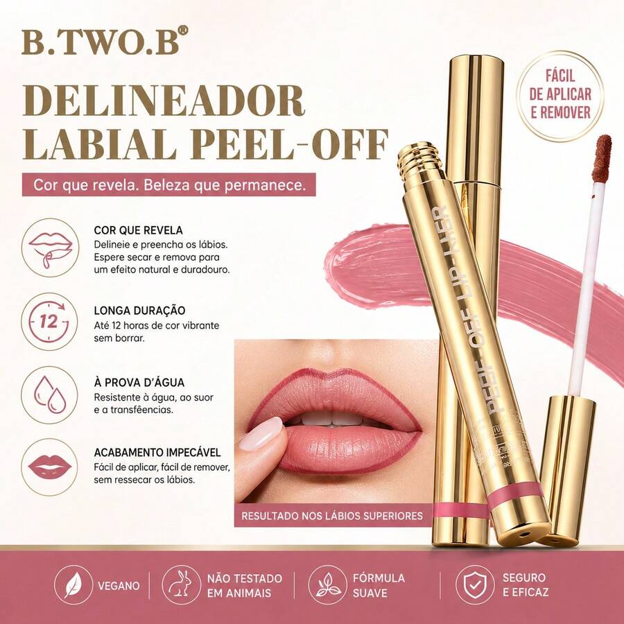 B.TWO.B Delineador Labial Peel-Off Vegano, Cor Intensa Com 12 Horas De Fixação, À Prova D'Água Sem Borrar, Fórmula Suave Sem Irritação, Ideal Para Definir Os Contornos Labiais Em Qualquer Ocasião - B01 Nude Pêssego - Visão 1
