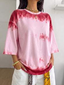 Women's Round Neck Short Sleeve Gradient Color T-Shirt Loose Fit Fashion Versatile Casual Summer New Top - Pink - View 3