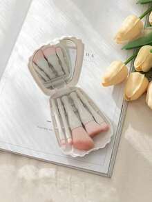 1PC New 5-Piece Shell Makeup Brush Set With Mirror, Suitable For Travel, Portable And Convenient, Mini Full-Function Professional Makeup Brushes With Folding Mirror And Dust-Proof Flip Cover, Lightweight Makeup Brush Set For Outings, Shell Design, Suitable As Holiday Gift For Lovers And Friends, Teacher's Day Gift - Multicolor - View 8