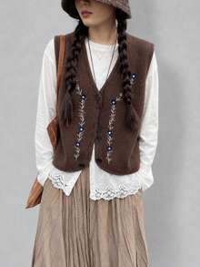 Alicedudu Women's Autumn Vintage Embroidered V-Neck Cardigan Sweater Vest Brown Fall - Brown - View 5