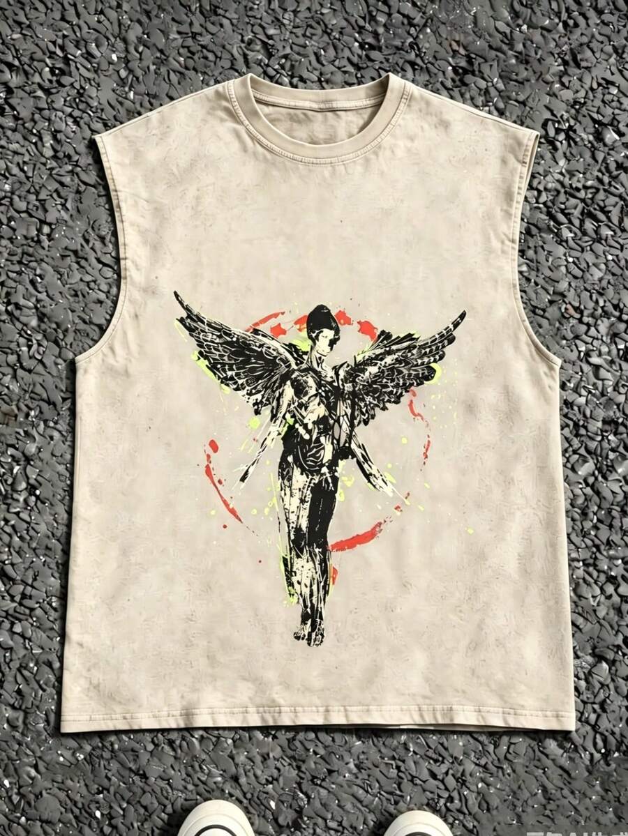 MensCasualCrewNeckSleevelessWashedVestMadeOf100%CottonPerfectForSummerVacationsFeaturesAStylishPrintAndY2KStreetStyleAnExcellentGiftForBoyfriendsAndHu - Apricot - View 1