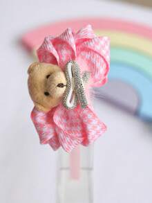 Laço Infantil Rosa Pied de Poule na Tiara Bico de Pato ou Faixinha RN Bebê / - URSO - Visão 1