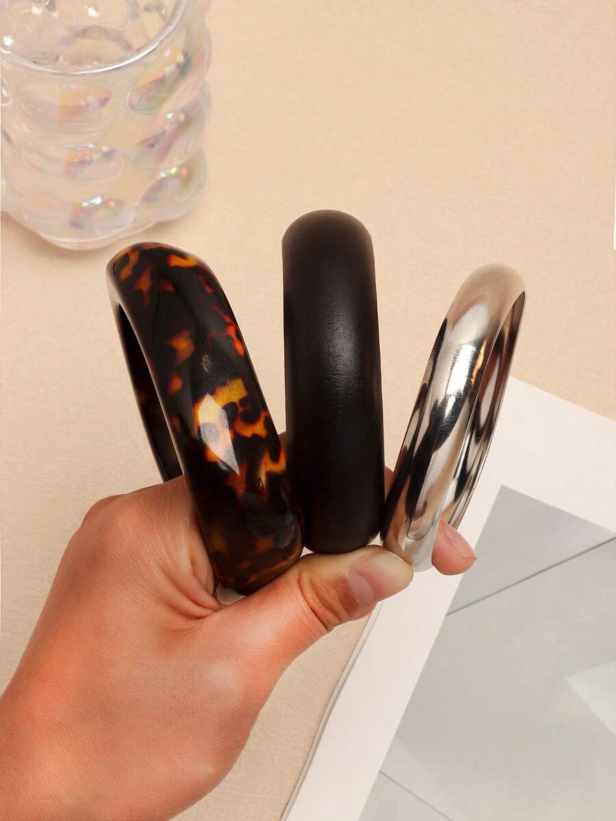 3件組復古歐式幾何樹脂豹紋手鐲,寬版壓克力手環,獨特百搭設計 - 豹紋 - 查看 1