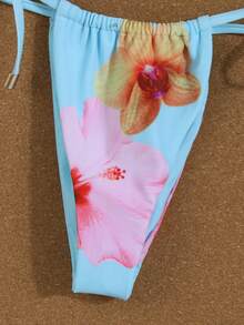 Women's Light Blue Patchwork Tropical Floral Bikini, Halter Tie Sexy Beach Vacation Two Pieces Swimsuit, 2026 Spring/Summer - Multicolor - View 5