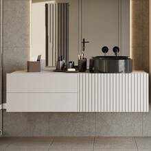 Space Saving Floating Wall Bathroom Vanity 140*53*37.5cm, Handleless Narrow Bathroom Storage Cabinet With Fluted Door & 2 Drawers, Damp Resistant Wall Mount Bathroom Unit Oak Light Gray For Apartment Small Washroom - Multicolor - View 6