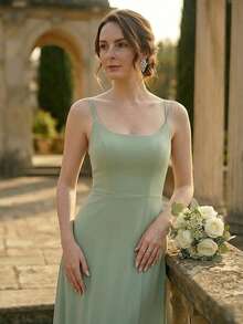 Volly Toych Solid Color Floor-Length Chiffon Spaghetti Straps Elegant Formal Bridesmaid Dress With Low Back - Mint Green - View 6