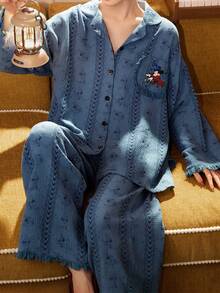 Gongdie Disney 2pcs   Women's Pajama Set, Spring/Autumn Soft Cotton, With Tassel Trim And Cartoon Print Loungewear - Blue - View 2