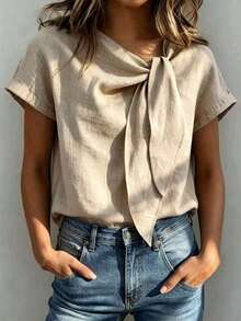 New French Vintage Elegant Women's Short Sleeve Waist-Cinching Top With Ribbon Summer - Khaki - View 4