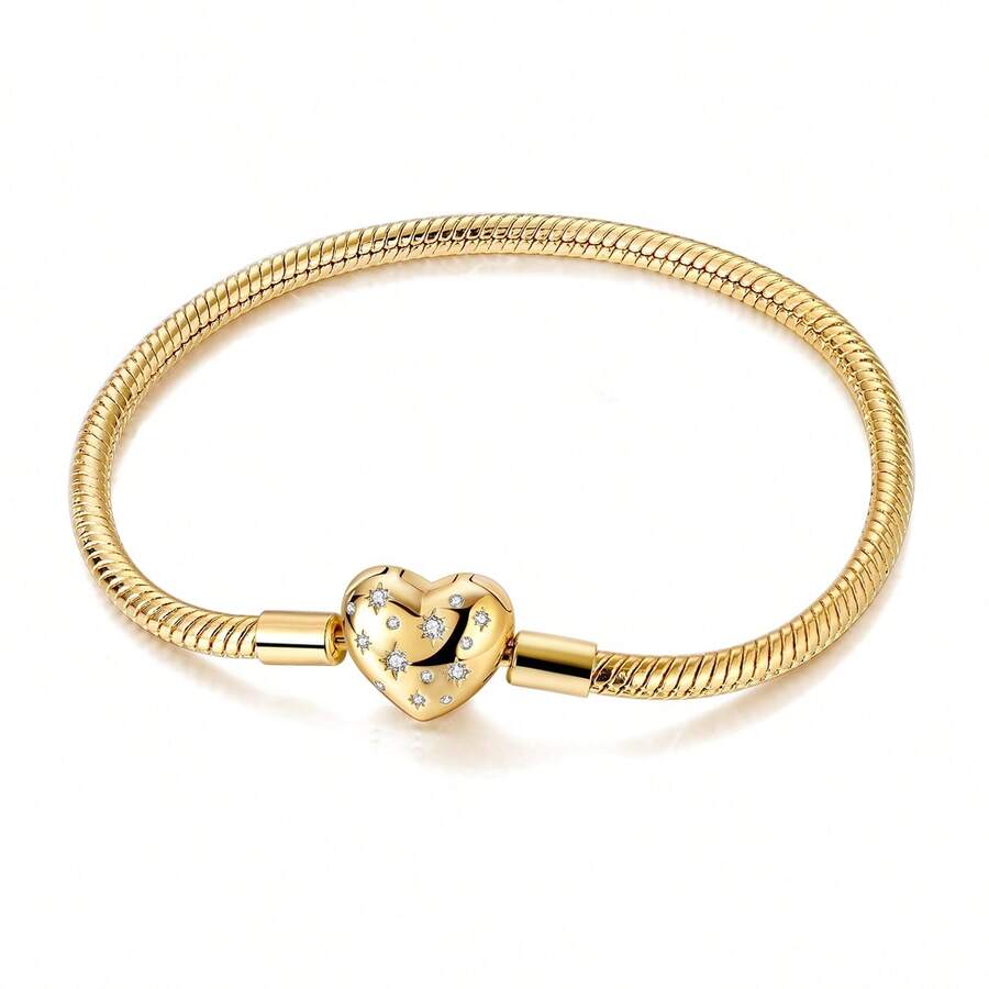 1 pieza Pulsera con diseño de corazón estrellado brillante dorado - Brazalete de cadena de serpiente multifuncional adecuado para colgantes de cuentas personalizados - Dorado - Ver 1