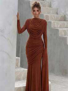 Solid Color Elegant Spliced Mesh Draped Evening Gown For Party And Formal Dinner - Rust Brown - View 4