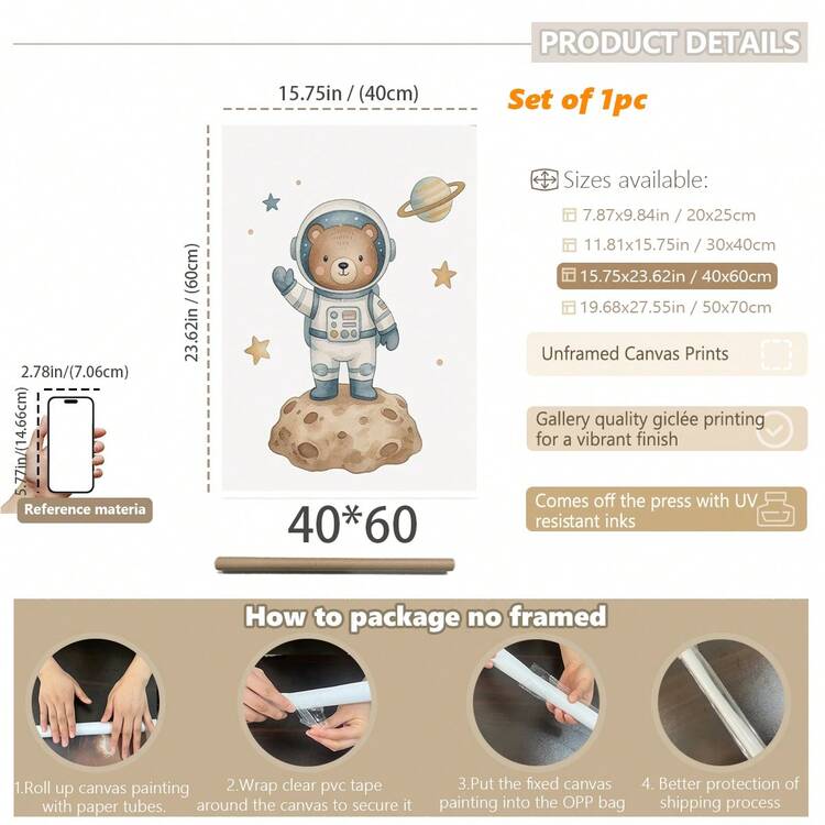 1件帆布壁畫，帶框嬰兒房牆面裝飾，太空主題太空人熊繪畫，中性風格外太空探險主題男孩嬰兒房牆面裝飾，可直接掛牆防水海報，適合幼兒臥室、遊戲室，太空人熊嬰兒洗禮禮物，夢幻幻想宇宙探險兒童房裝飾，兒童房海報，幼兒園裝飾，禮物 - 彩色 - 查看 21