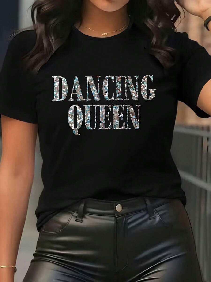 100%Pure Cotton Women's Tight-Fitting Clothing T Shirt,Printed"Dancing Queens"Pattern,With Holographic Sequin Text Pattern,Suitable For Disco Parties. - 黑色 - 查看 1