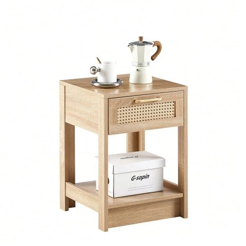 Rattan Side Table With Drawer, Modern Bedside Table, Side Table For Living Room, Bedroom, Natural Wood Look - H55/W40/D40 Cm - Warna alami - View 1