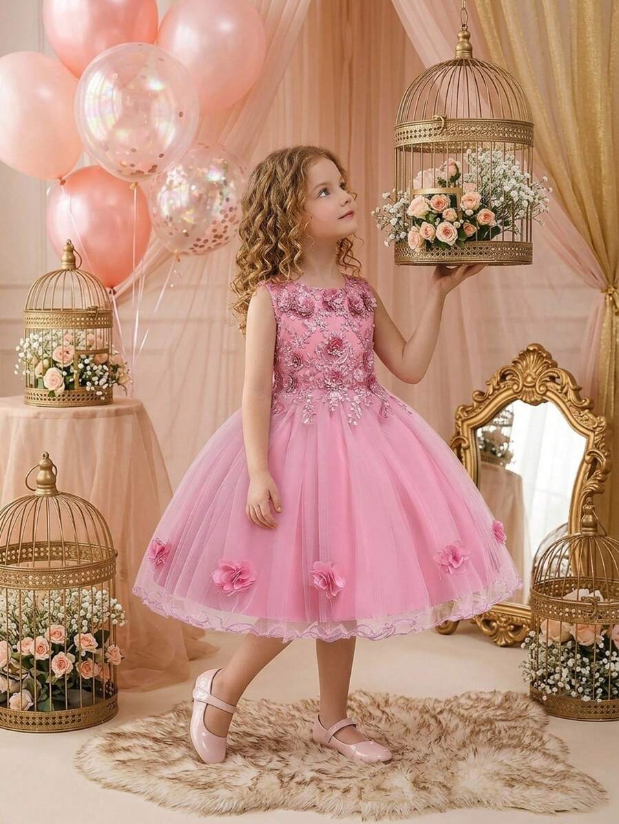 Vestido de niña de unicolor con malla & satén, flores 3D y mangas abullonadas, elegante vestido para fiesta de cumpleaños, adecuado para baile de graduación, diadema no incluida