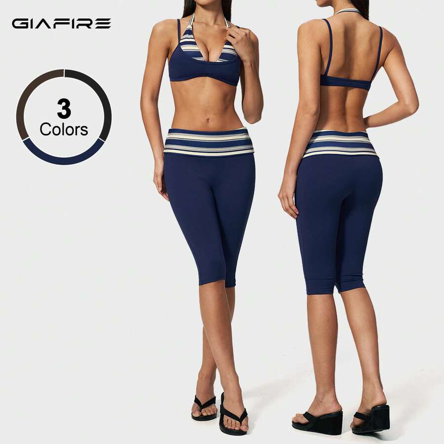 GIAFIRE2026 女款兩件套,緊身瑜伽背心與高腰提臀收腹短褲,快乾條紋休閒健身套裝,適用於皮拉提斯、跑步、健身、戶外與海灘 - 藏蓝色 - 查看 1