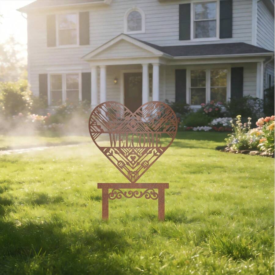 2D Flat Style, [2D Flat] 1pc Vintage Rusty Metal Heart-Shaped Garden Stake, 2D Flat "WELCOME" Silhouette Sculpture With Easy-Install Ground Stake Base, Suitable For Yard, Patio, Garden Decoration, Housewarming Gift, Valentine's Day, Wedding, 2D Flat Style - A - View 1