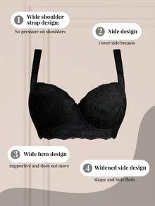 Women's Plus Size Floral Lace Underwire Bra, Comfortable Breathable, Push Up Side Support, Wide Shoulder Straps Hide Armpit Fat & Anti-Slip Wide Hem - Black - View 8