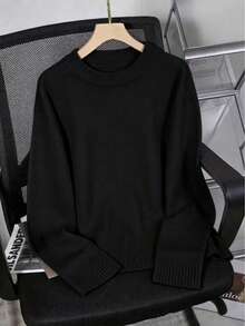 Autumn/Winter Casual Solid Color Ribbed Daily Sweater Black Fall - Black - View 4