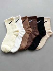 6 Pairs Women's Solid Color Casual Mid-Calf Socks, Soft & Comfortable Versatile Sports Socks, Suitable For Daily Wear And Outdoor, Autumn/Winter - Multicolor - View 6