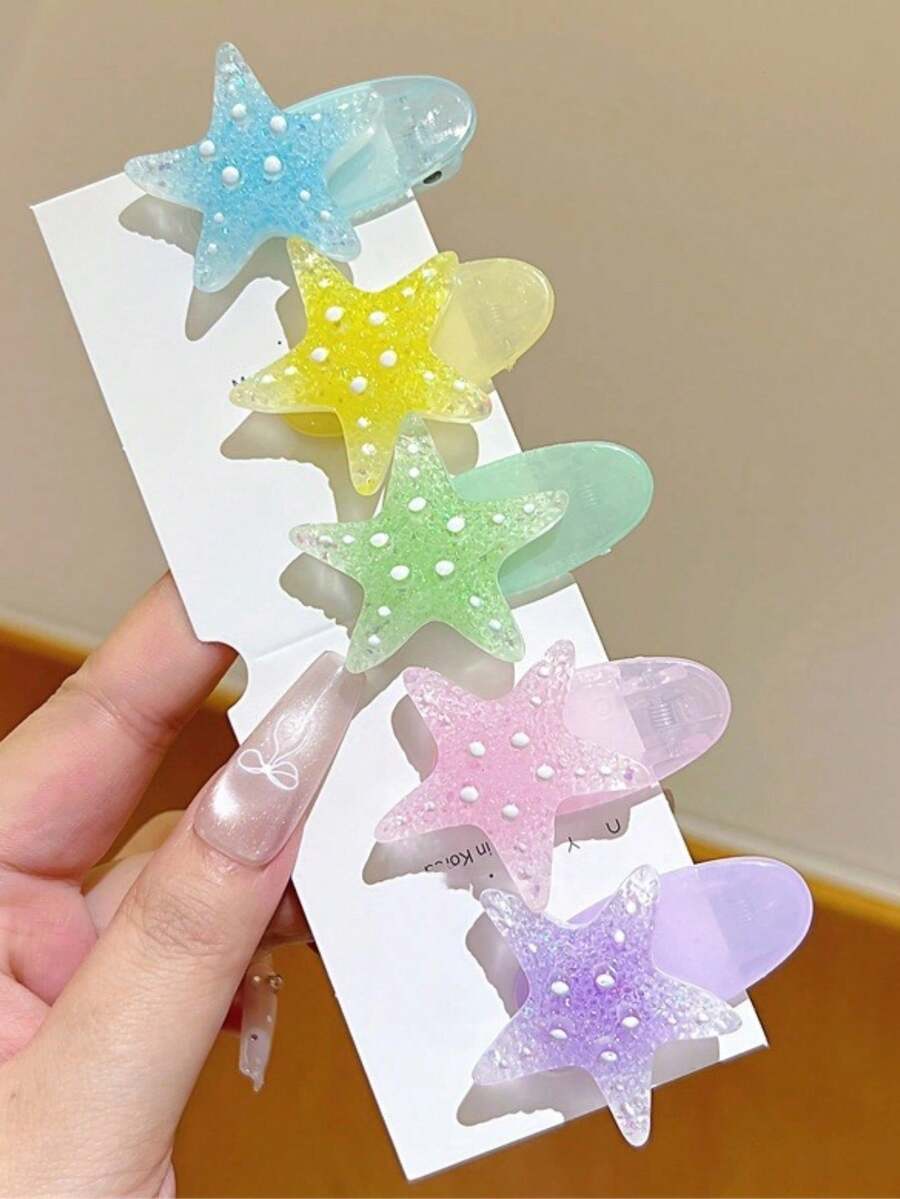 5件組混色髮夾套組-多巴胺女孩海星髮夾,日常度假側分髮飾 - 彩色 - 查看 1