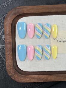 10pcs/Set Y2K Nails Handmade, Blue Nails, Yellow Nails, 3D Blue And Yellow Stripe Nails, Perfect For Parties & Daily Wear. Short Almond Nails. Handmade Press On Nails Almond, Fake Nails, Acrylic Nails, Short Nails, Dopamine Nails, Summer Nails - Multicolor - View 1