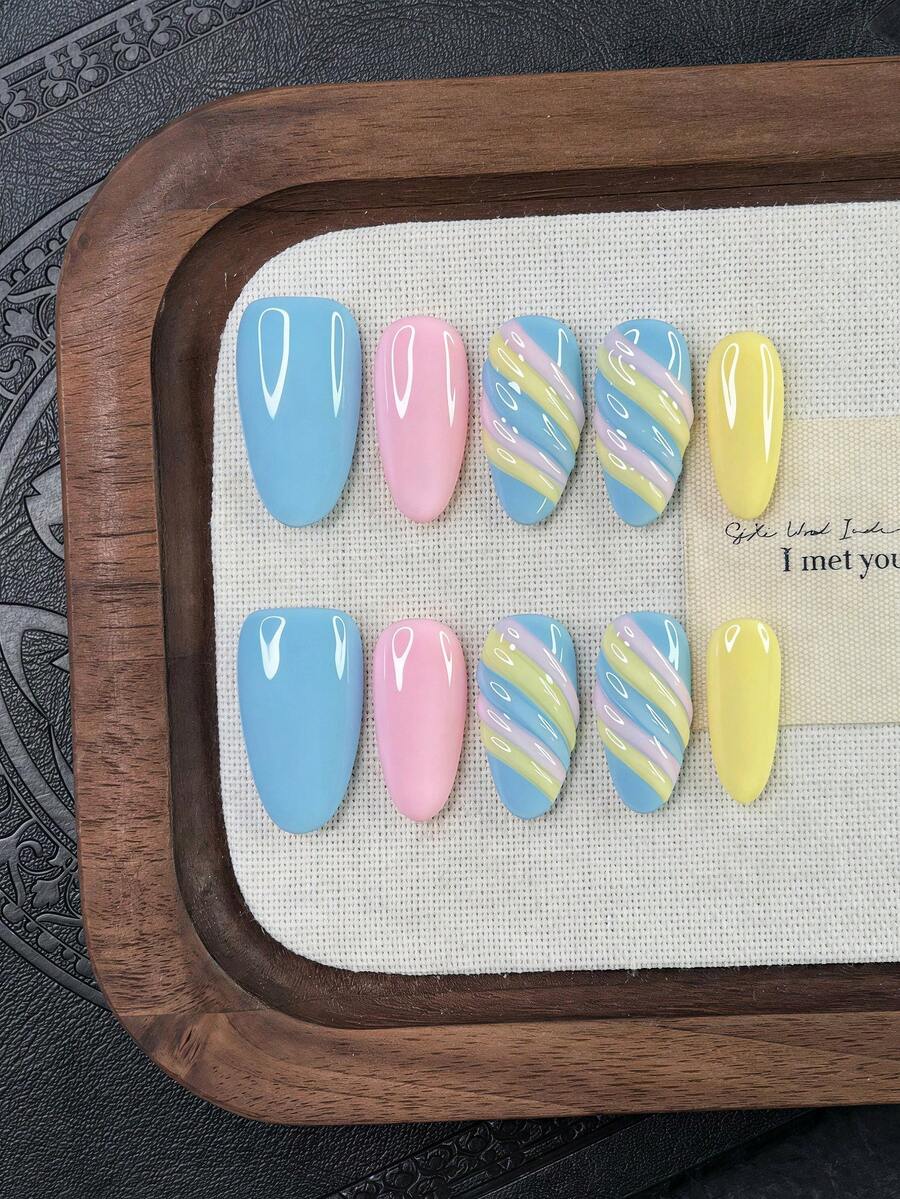 10pcs/Set Y2K Nails Handmade, Blue Nails, Yellow Nails, 3D Blue And Yellow Stripe Nails, Perfect For Parties & Daily Wear. Short Almond Nails. Handmade Press On Nails Almond, Fake Nails, Acrylic Nails, Short Nails, Dopamine Nails, Summer Nails - Multicolor - View 1
