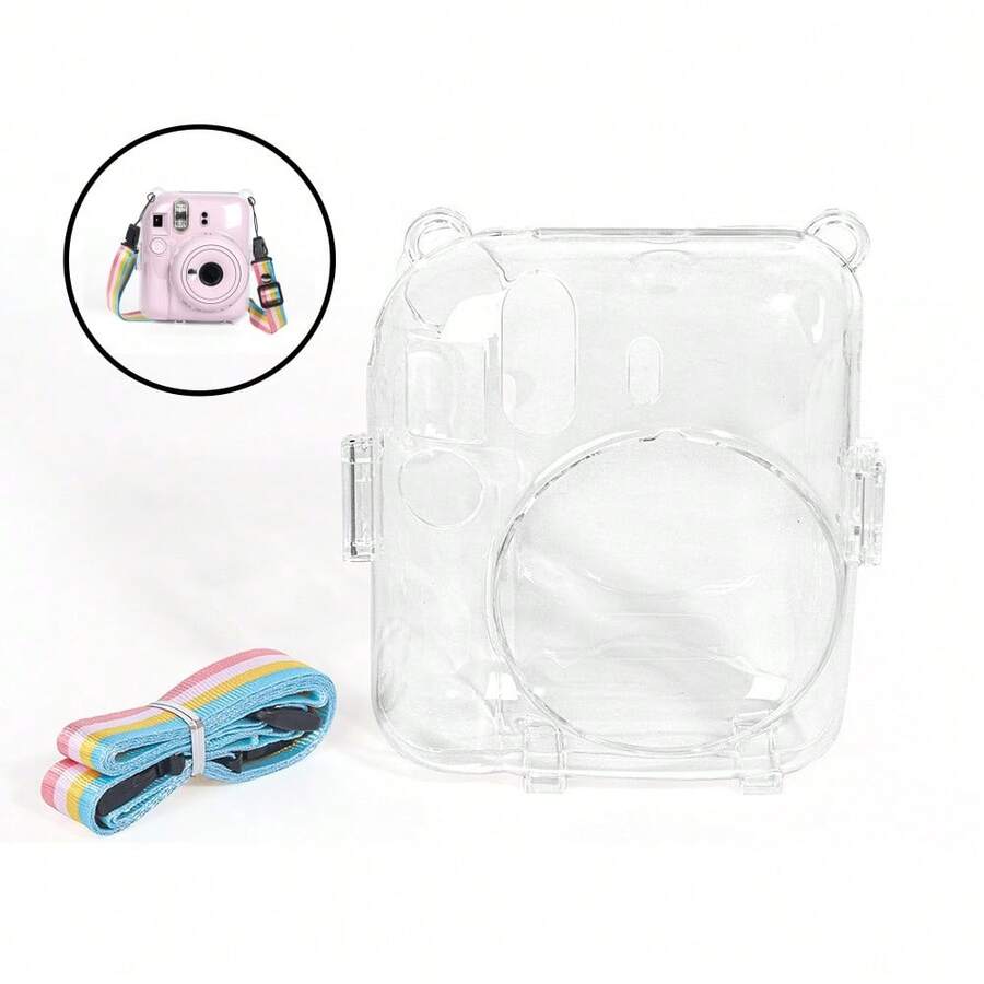 1Pc Clear Crystal Camera Protective Case Compatible With Fujifilm Mini 12, Transparent Shell With Colorful Rainbow Shoulder Strap, Durable Scratch & Drop Resistant Clear Cover, Camera Not Included - View 1