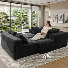 130" Cloud U-Shaped Modular Sectional Sofa, Boneless Corduroy Couch, Deep Seat Sleeper Sofa Bed With Chaise, High Density Foam, 8 Pillows, No Assembly, Oversized Living Room Couch,Black - 黑色 - 查看 7