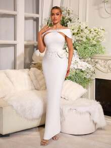 Nuevo vestido de lujo para mujer con cuentas pesadas y adornos de strass, vestido largo negro sexy con cuello asimétrico y corte asimétrico - Blanco - Ver 6