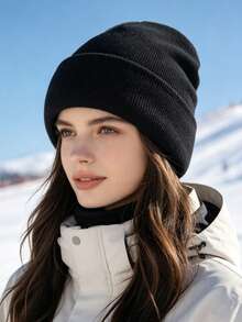 1pc Fleece Lined NYC Patchwork Knit Beanie, Unisex Winter Warm Ribbed Cuff Hat, Outdoor Cold-Proof Ski Hat - Leather Label NYC - View 5