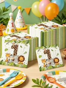 20/40/60 Sheets Jungle Safari Animal Print Disposable Paper Napkins, Vibrant Patterned Napkins With Giraffe, Lion, Zebra, Elephant & Monkey, Colorful Themed Table Decorations For Safari Party, Restaurant & Home Decor - View 3