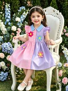 Young Girl Pink & Purple Color Block Shirt Dress, Sleeveless, Light Blue Ruffle Collar, 3D Colorful Floral Decor - Pink and Purple - View 1