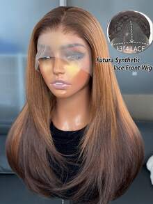 Brown Highlighted Kanekalon Futura Synthetic Hair 13x4 Lace Front Wig For Women, 18 Inch Medium Length Wavy Curly Hair With Curtain Bangs, Glueless Durable, Middle Part, 150% Density, Ready To Wear, Suitable For Daily, Party, Holiday, Vacation Use, Beginner Friendly Wig - Brown Highlight - View 2
