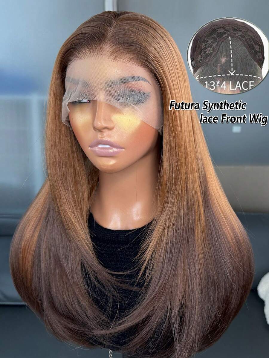 Brown Highlighted Kanekalon Futura Synthetic Hair 13x4 Lace Front Wig For Women, 18 Inch Medium Length Wavy Curly Hair With Curtain Bangs, Glueless Durable, Middle Part, 150% Density, Ready To Wear, Suitable For Daily, Party, Holiday, Vacation Use, Beginner Friendly Wig