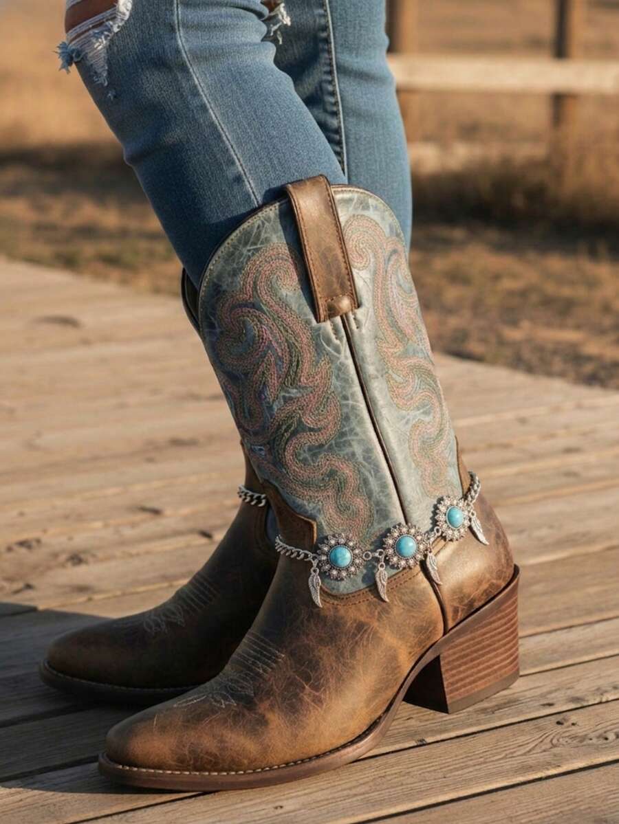 Women's Bohemian Western Boot Chain - Accessory With Turquoise Beads And Tassel Pendants, Ideal For Festivals And Cowboy Boots - Blue-2 - View 1