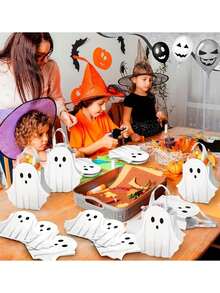 4pcs/1pc Halloween Ghost Paper Gift Bags With Handles, Candy Bags, Gift Bags, Halloween Theme Tote Bags, White Little Ghost Surprise Gift Bags, Trick Or Treat, Holiday Party Gift Bags For Family And Friends, Theme Birthday Holiday Party Supplies - Multicolor - View 3