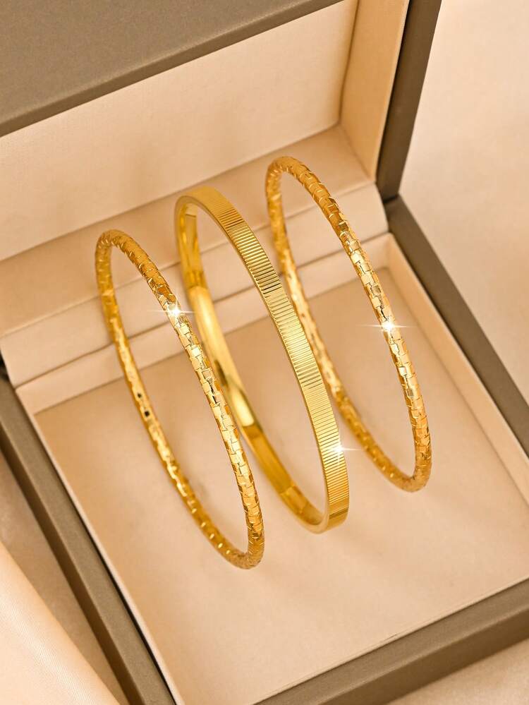5Pcs 21K Brushed Gold Bangle Set Non-Tarnish & Waterproof, Luxury Dubai Bride Wedding Jewelry, Traditional Vintage Gold Substitute For Party - 03 - View 4