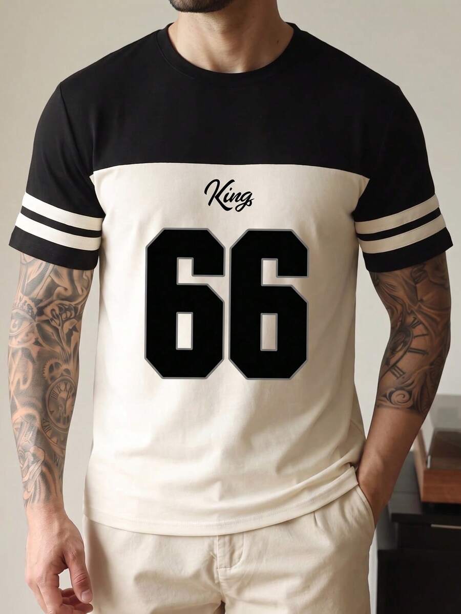 Men's Summer 66 Number Print Round Neck Contrast Color Sports T-Shirt