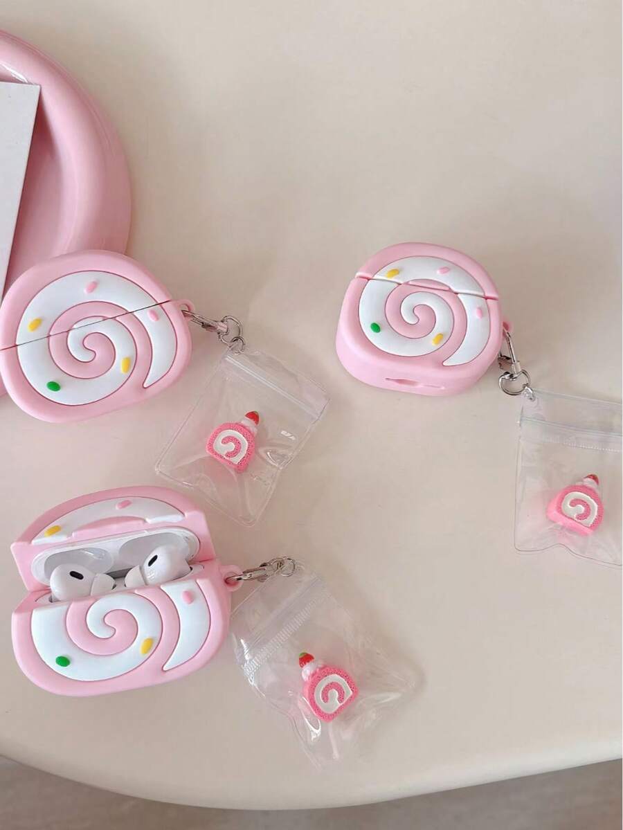 1個可愛3D瑞士捲矽膠耳機保護套,適用於AirPods4/Pro/Pro 2/Pro 3,防震耳機保護套附鑰匙圈與吊飾 - 粉色 - 查看 1