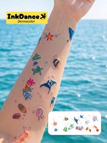 1組「Summer Ocean Party」臨時紋身貼，海洋生物仿真紋身，海龜水母防水款，真實紋身效果，彩色，InkDance，易貼易撕，Ink Dance CSD082 - 彩色 - 查看 2