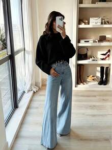 Autumn/Winter Casual Solid Color Ribbed Daily Sweater Black Fall - Black - View 2