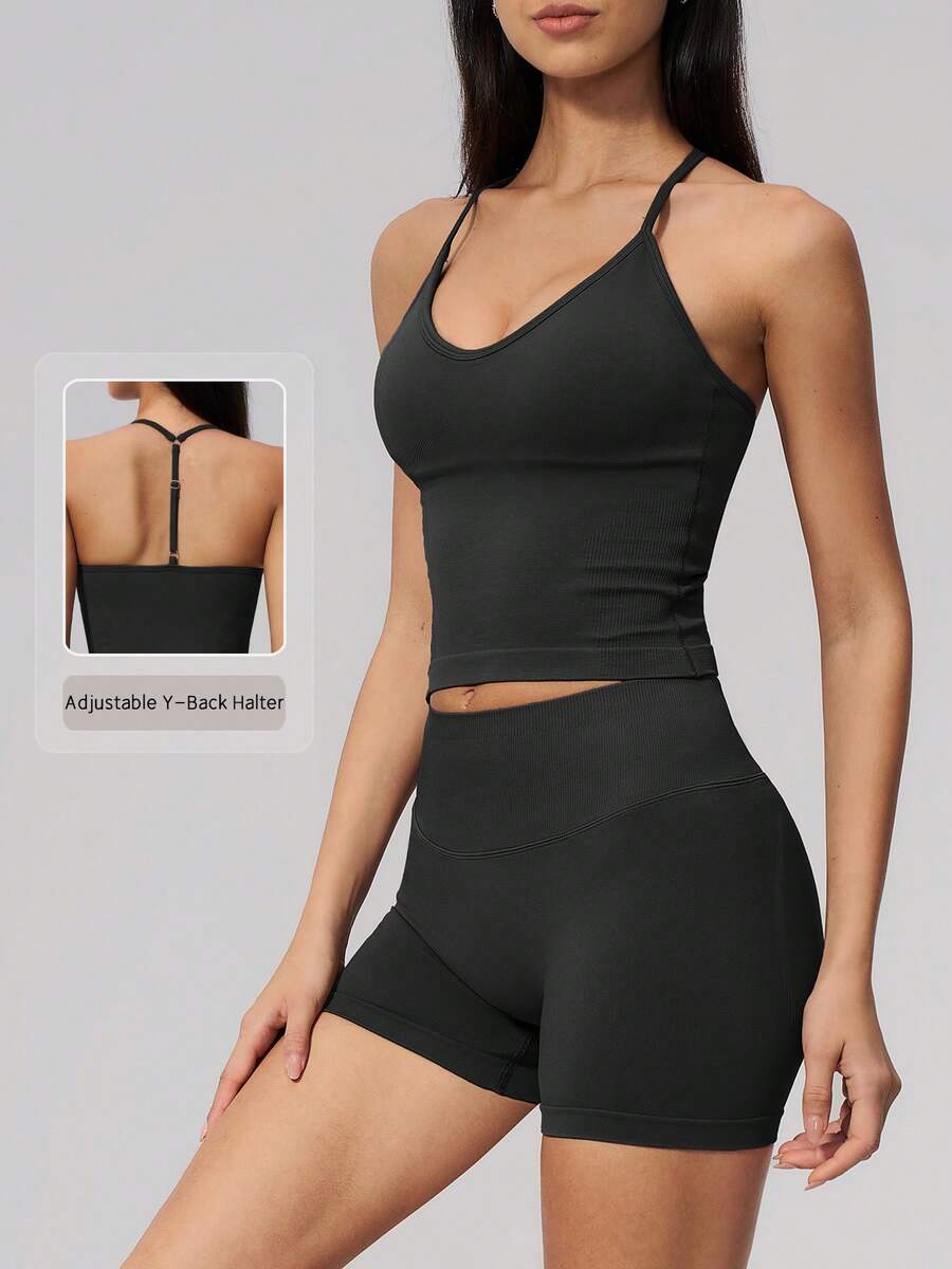 NcmRyu Conjunto deportivo de mujer de un solo color con espalda en Y, hebilla de metal ajustable, tirantes de espagueti, shorts acanalados de cintura alta - Negro - Ver 1