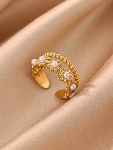 1PC Multi-Layer Faux Pearl Stitching Flower Rings For Women Gold Color Stainless Steel Geometric Flower Opening Ring Wedding Christmas Jewelry - Multicolor - View 8