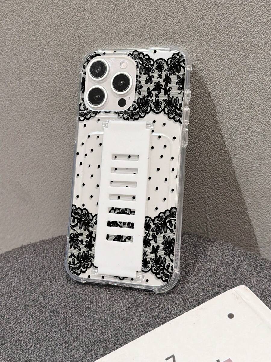 Funda de teléfono de TPU transparente y suave con protección anticaída en las cuatro esquinas, correa de muñeca hueca de silicona incorporada, patrón de lunares de encaje negro impreso con UV, compatible con iPhone 7/8/7PLUS/8PLUS/X/XS/XR/XSMAX/11/11PRO/11PROMAX/12/12PRO/12PROMAX/12MINI/13/13PRO/13PROMAX/13MINI/14/14PRO/14PROMAX/14PLUS/15/15PRO/15PROMAX/15PLUS/16PROMAX/17PROMAX - Multicolor - Ver 1