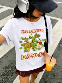 SHEIN | Garfield 女款幽默標語雙卡通角色印花圓領T恤，寬鬆休閒街頭風短袖上衣，適合日常聚會與夏季旅行 - 白色 - 查看 2